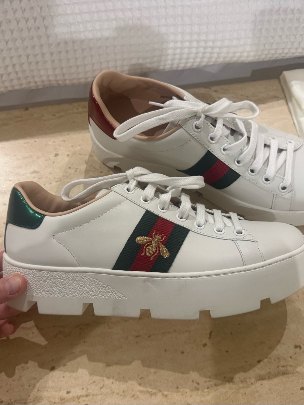 Gucci White Platform Sneakers with Green & Red Stripe and Gold Bee